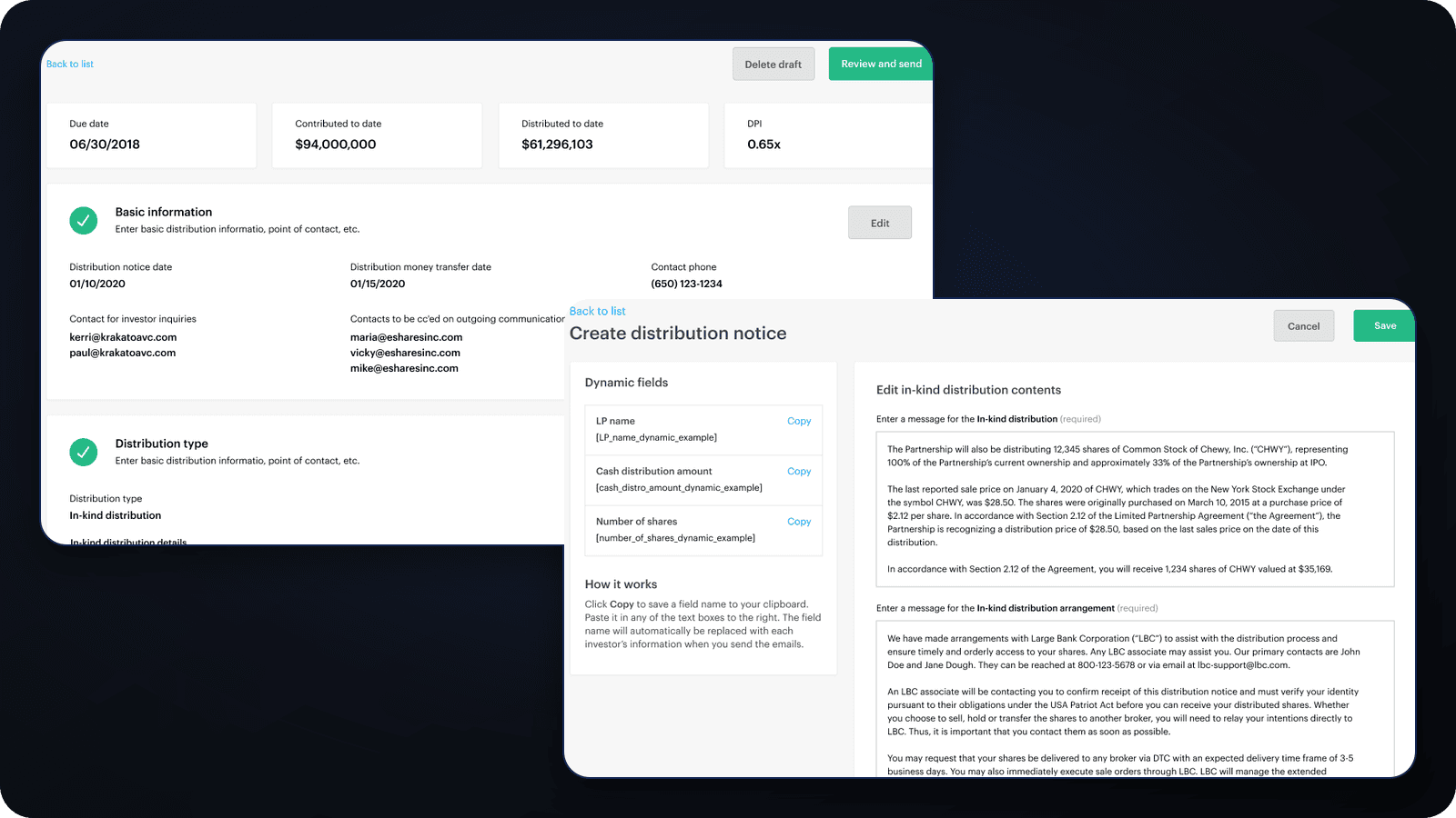 Carta notice review and dynamic-content editing interfaces