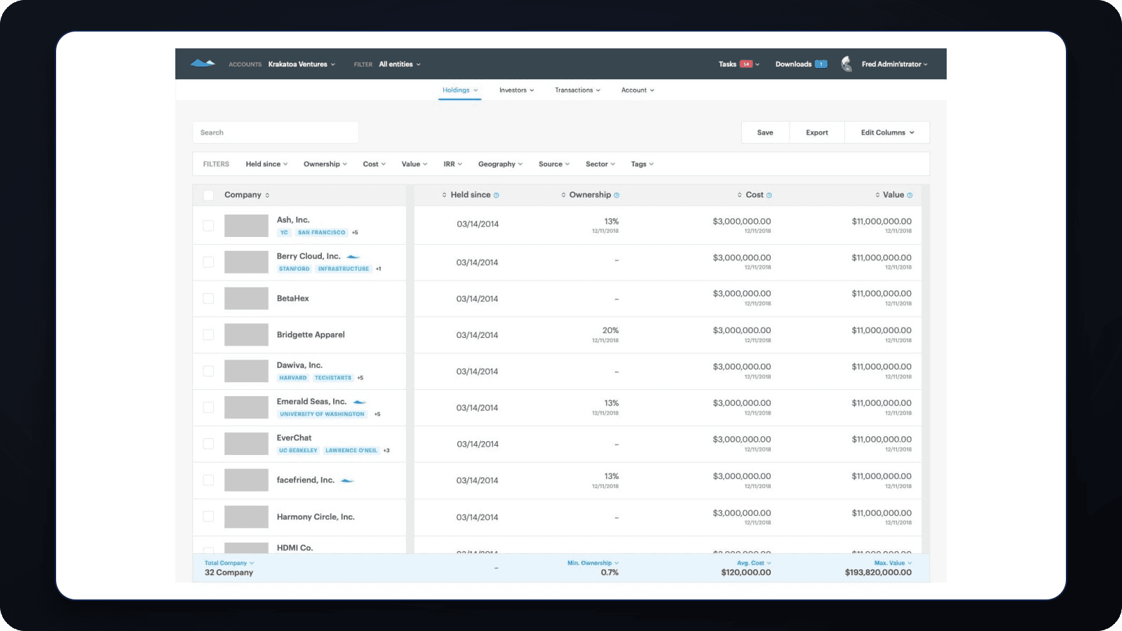 Carta portfolio dashboard with holdings, filters, and portfolio totals