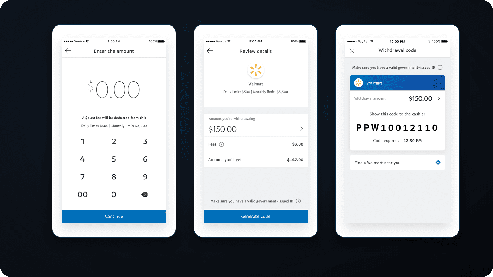 PayPal cash withdrawal amount, fee review, and withdrawal code flow