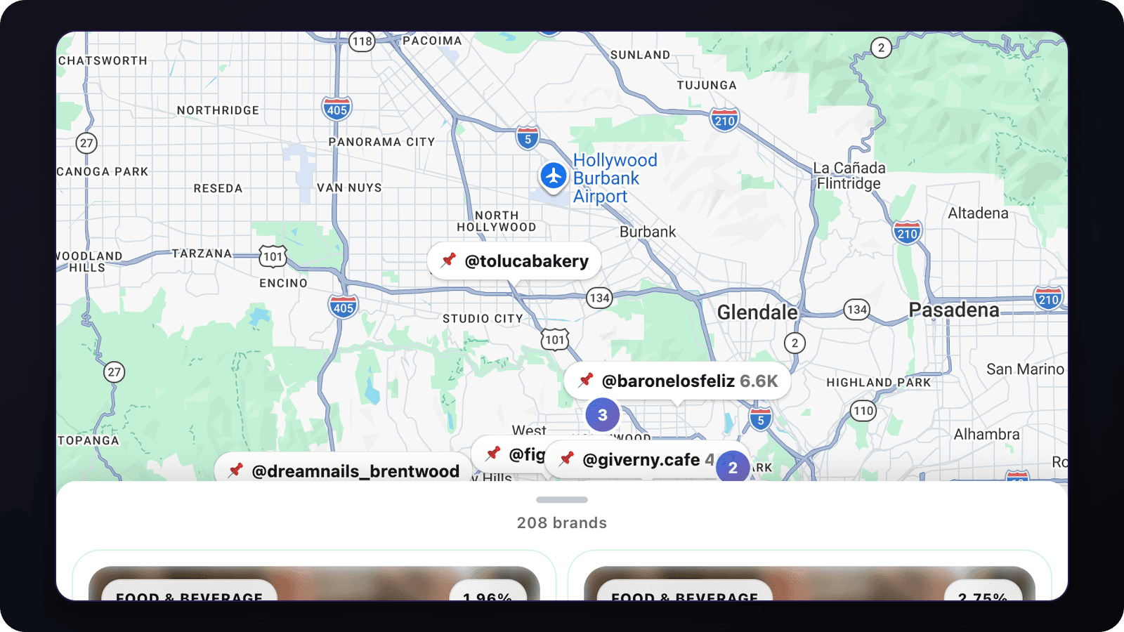 Pulse map with clustered local-business markers and listing cards